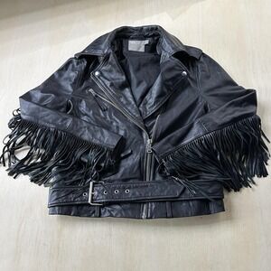 ASOS Jacket Womens 2 Black Faux Leather Fringe Biker Belted Zip Moto Lined